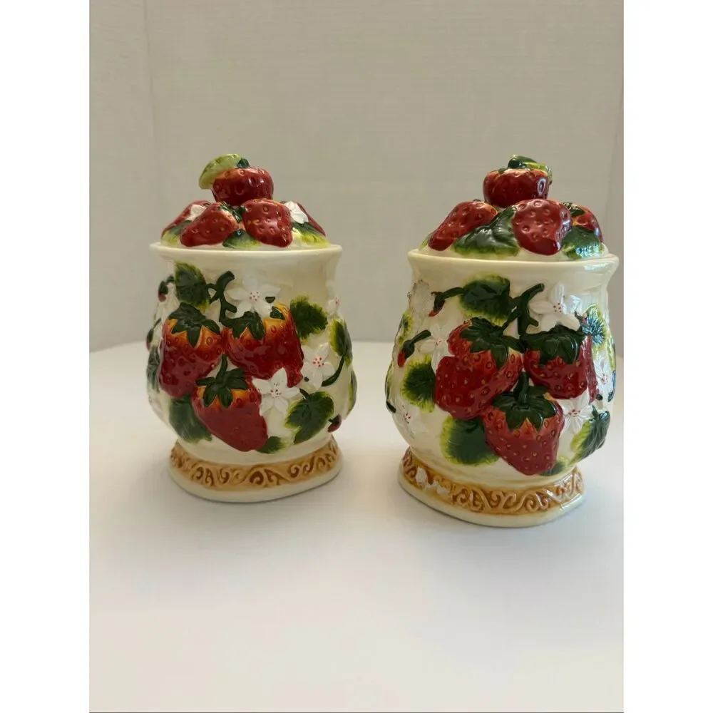 Vintage Retro Strawberry & Floral Sugar and Tea Canister Set of 2 READ